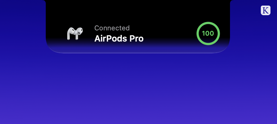 Knotch's closed notch showing AirPods Pro connected at 100 percent battery.