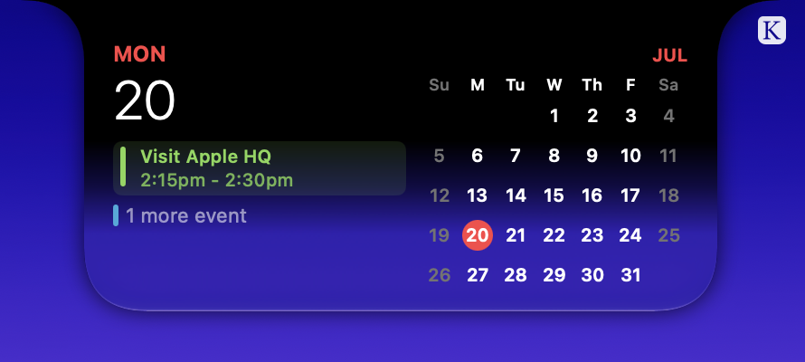 Knotch's calendar widget open, showing today's events and the full month grid.