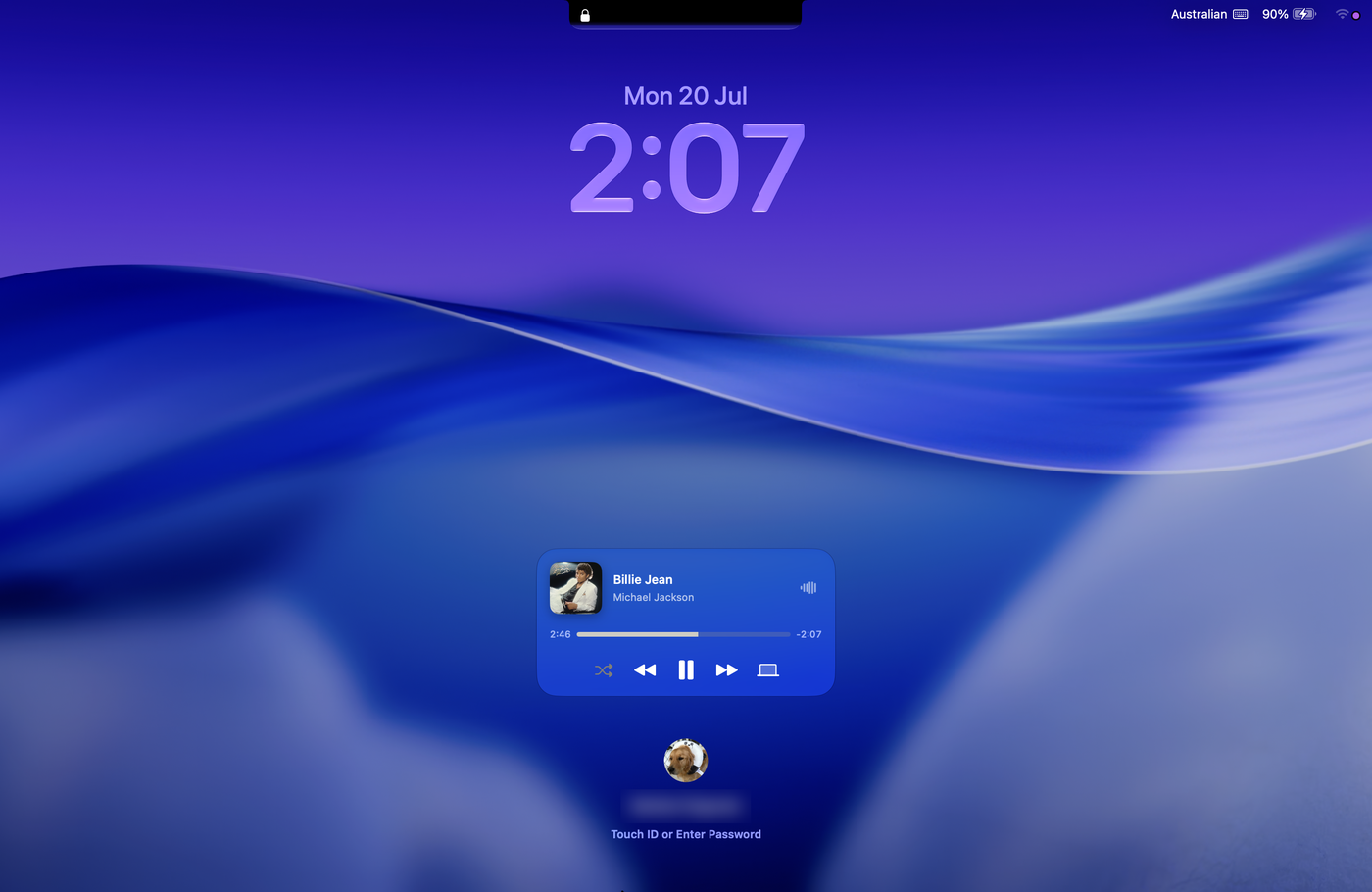 A Mac lock screen with Knotch's music widget showing a song playing above the login card.