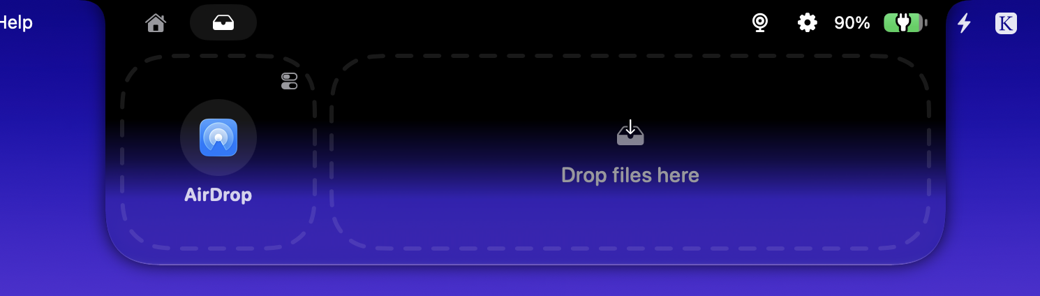 Knotch's shelf open in the notch, with a dashed AirDrop zone ready to receive dropped files.